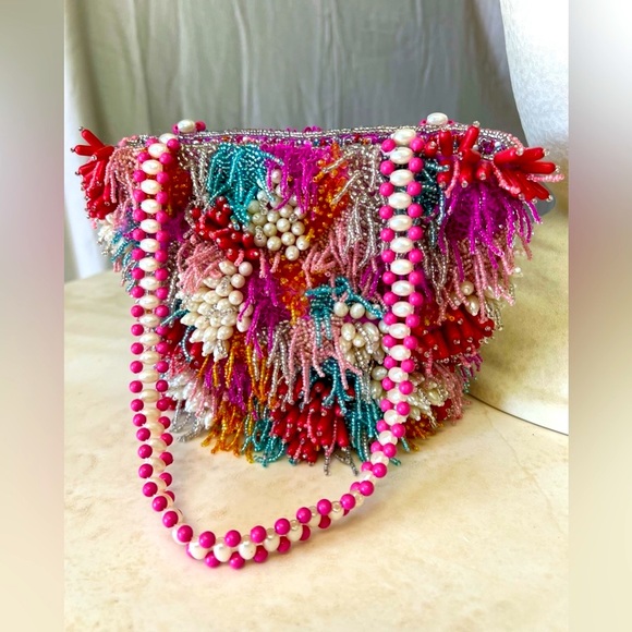 RARE Colorful Beaded Bag w/ Pearl Detail Strap, Anthropology Style, NWT - Picture 6 of 14